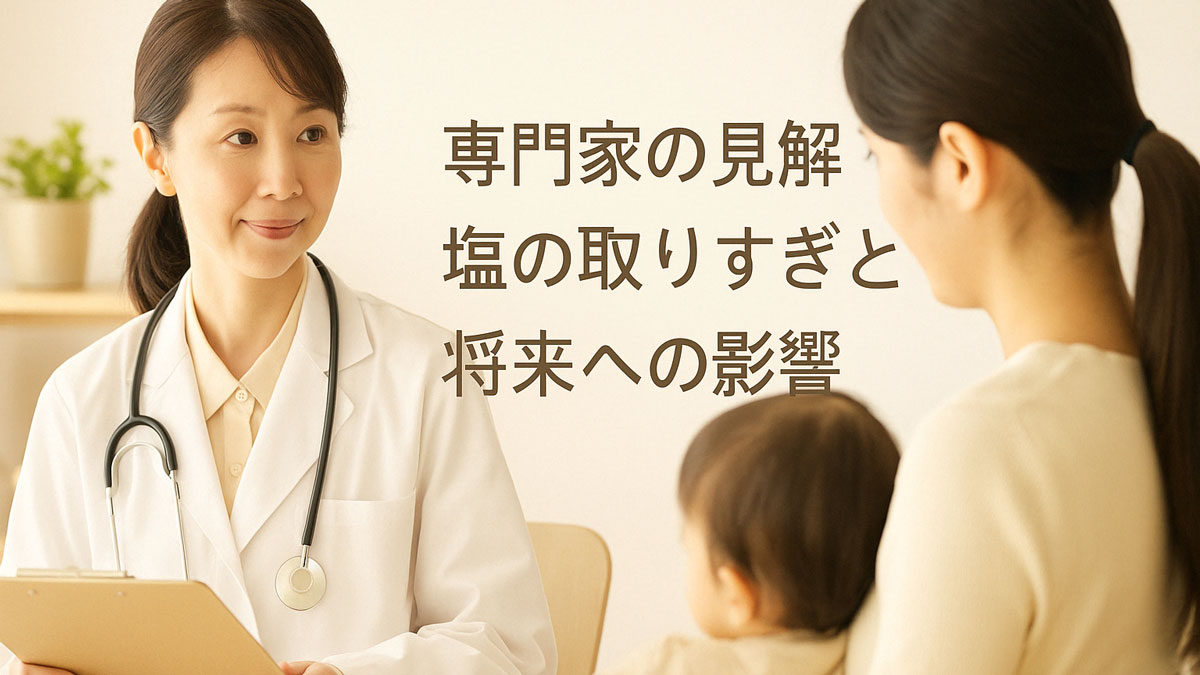 優しい雰囲気の診察室で、小児科医と赤ちゃんを抱いた母親が向かい合って相談している様子。右側に「専門家の見解 塩の取りすぎと将来への影響」という日本語テキストが配置された画像。