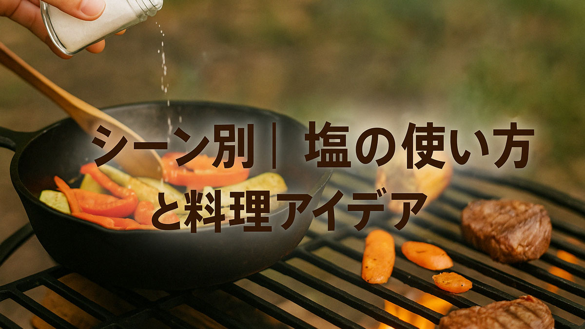 焚き火の上で焼かれるスキレットの野菜炒めとグリルステーキに塩を振る様子。「シーン別｜塩の使い方と料理アイデア」という日本語テキスト入り。