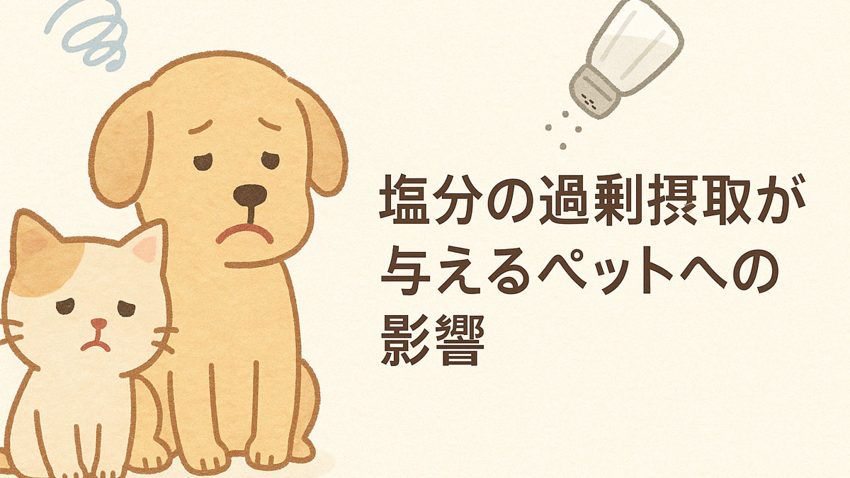 困った表情の犬と猫が並んで座り、右側に「塩分の過剰摂取が与えるペットへの影響」という日本語テキストが配置されたナチュラル系のイラスト画像。
