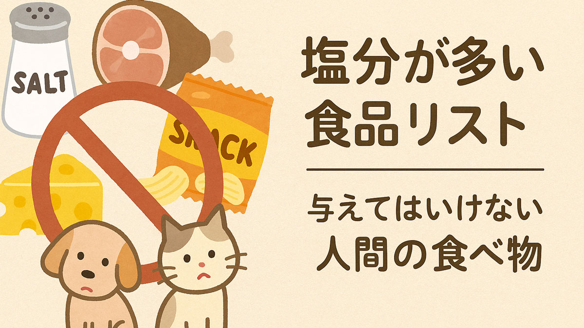 犬と猫のイラストと共に、ハム・チーズ・スナック菓子など塩分の多い食品に禁止マークが重なり、「塩分が多い食品リスト 与えてはいけない人間の食べ物」という日本語テキストが右寄に配置されたナチュラル系の画像。