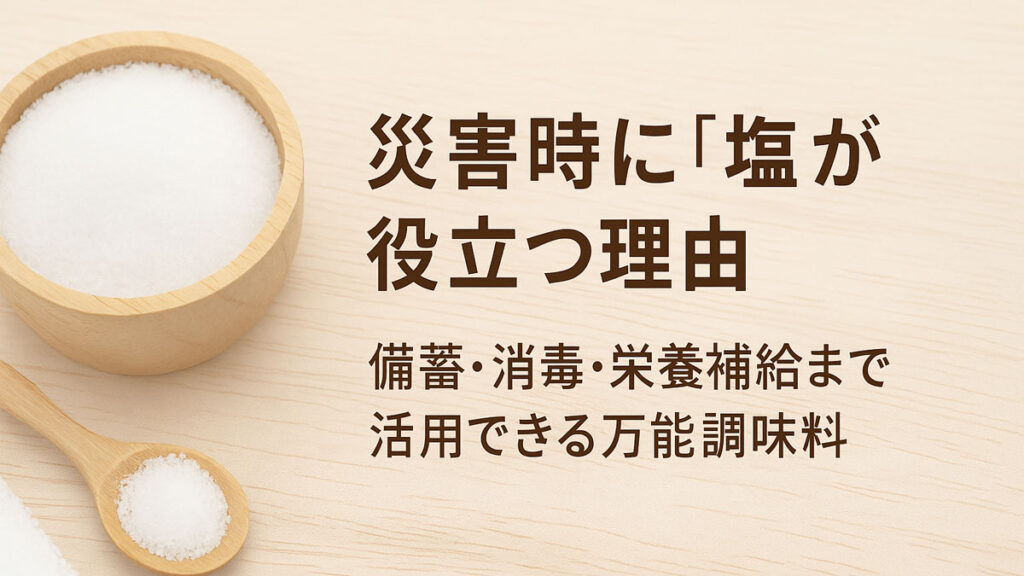災害時に塩が役立つ理由を伝えるアイキャッチ画像。木の器とスプーンに盛られた塩が置かれ、右側に「備蓄・消毒・栄養補給まで活用できる万能調味料」という日本語のテキストが配置されている。ナチュラルな配色と優しい雰囲気の画像。