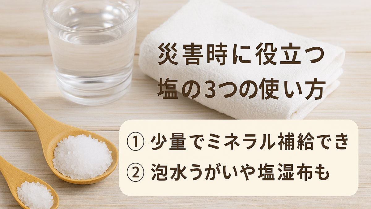 災害時に役立つ塩の3つの使い方を紹介する画像。コップの水、白いタオル、木製スプーンに盛られた塩が並び、右寄りに「災害時に役立つ塩の3つの使い方」「① 少量でミネラル補給できる」「② 塩水うがいや塩湿布も」という日本語のテキストが記載された、ナチュラルで優しい雰囲気の画像。