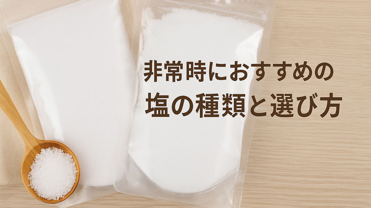 非常時におすすめの塩の種類と選び方を伝える画像。2種類のチャック付き袋に入った塩と、木製スプーンに盛られた粗塩が木目調の背景に置かれ、右側に「非常時におすすめの塩の種類と選び方」という日本語テキストが配置されている、ナチュラルでやさしい雰囲気の画像。