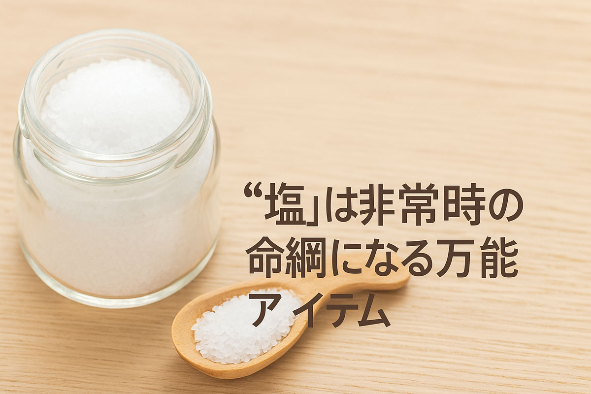 まとめ｜“塩”は非常時の命綱になる万能アイテムというテーマを表現した画像。粗塩が入ったガラス瓶と木製スプーンがナチュラルな木目の上に置かれ、右側に「まとめ｜“塩”は非常時の命綱になる万能アイテム」という日本語テキストが配置された、やさしく温かみのある雰囲気の画像。