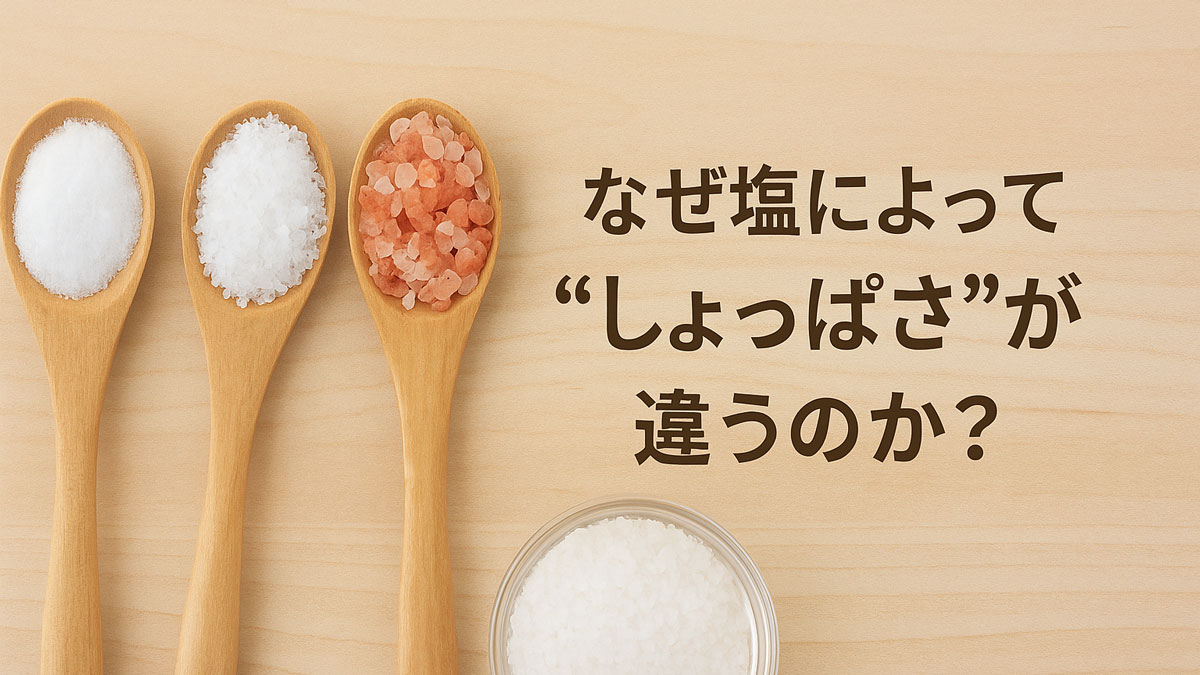 塩の種類によって“しょっぱさ”の感じ方が異なる理由を問いかけるイメージ。粒の異なる3種の塩がスプーンに並ぶ