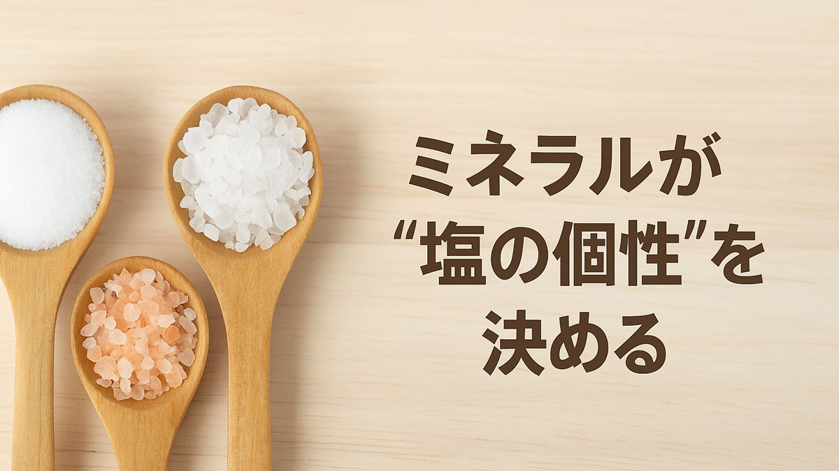 異なるミネラルを含む3種類の塩を比較し、“塩の個性”がミネラルによって決まることを示すイメージ画像