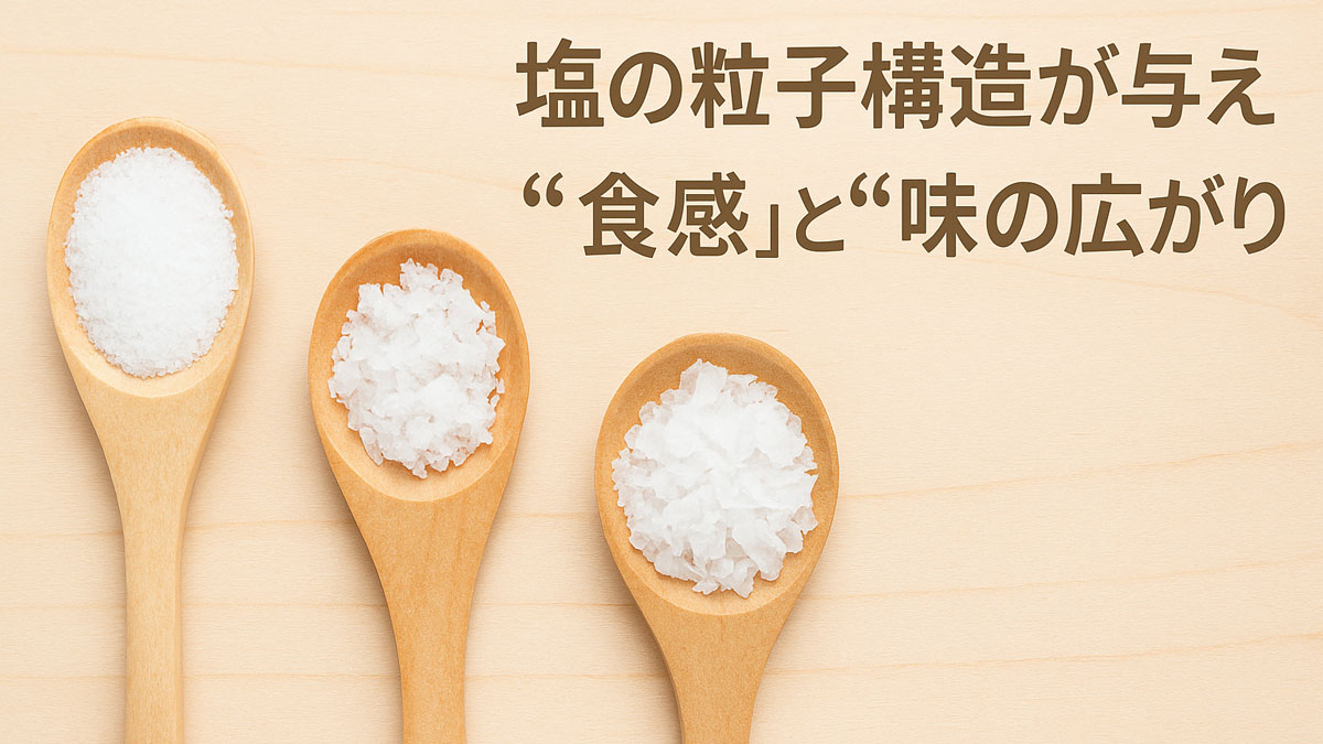 塩の粒子構造が異なる3種の塩を比較し、食感や味の広がりの違いを示すイメージ画像