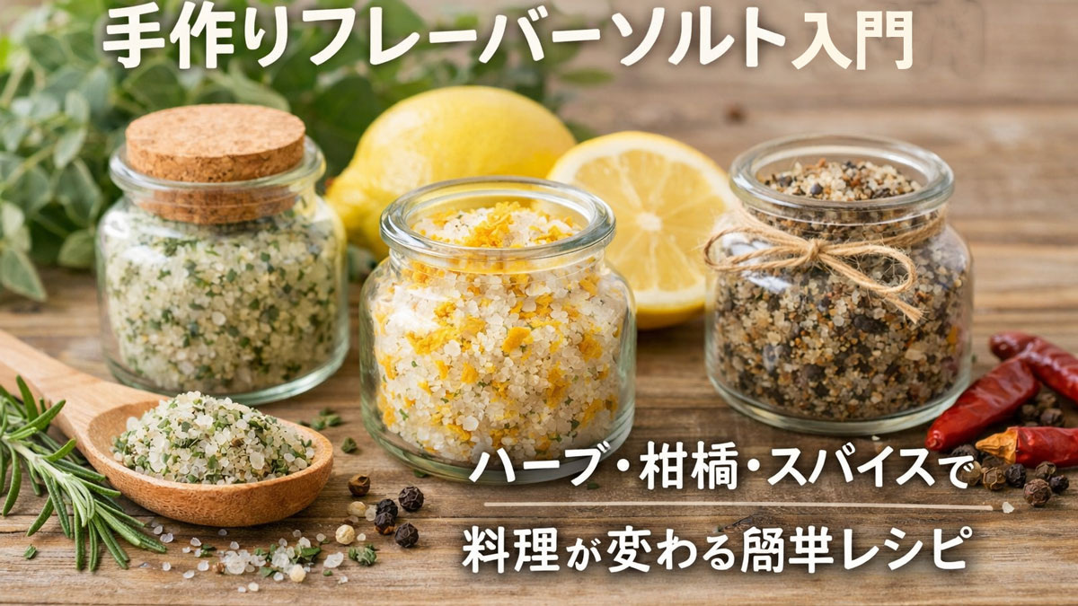 手作りフレーバーソルトの瓶とハーブ、レモン、スパイスを並べたナチュラルな雰囲気のアイキャッチ画像｜ハーブ・柑橘・スパイスで料理が変わる簡単レシピ