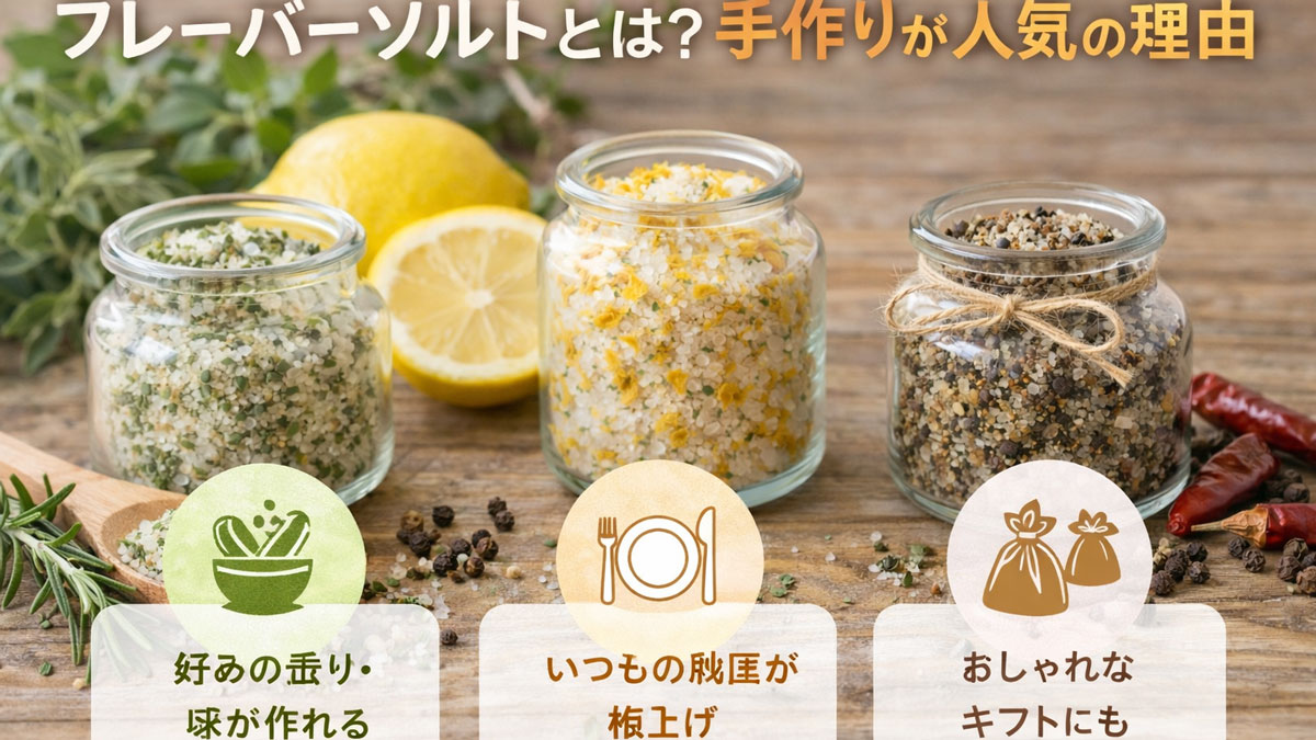 ハーブ・レモン・スパイス入りの手作りフレーバーソルトの瓶を並べた画像|フレーバーソルトとは?手作りが人気の理由を解説するイメージ