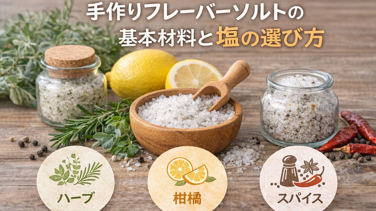 手作りフレーバーソルトの基本材料である自然塩とハーブ、柑橘、スパイスを並べた画像|塩の選び方と材料がひと目でわかるイメージ