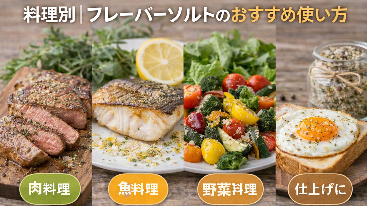 肉料理・魚料理・野菜料理にフレーバーソルトを使った盛り付け例を並べた画像|料理別のおすすめ使い方がひと目でわかるイメージ