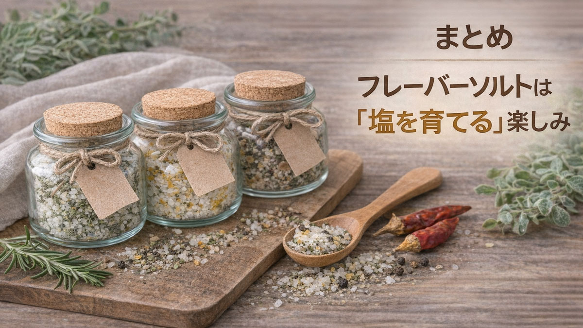 ハーブ・柑橘・スパイス入りの手作りフレーバーソルトの瓶を並べたナチュラルな写真|塩を育てる楽しみを伝えるまとめのイメージ
