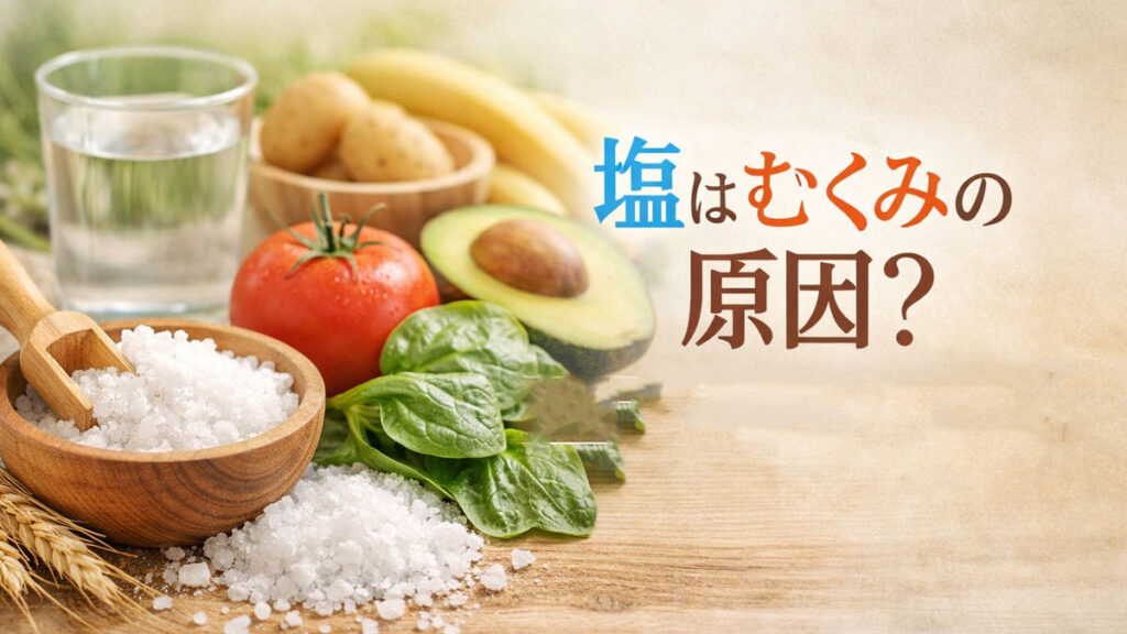 塩と水、野菜や果物を並べた写真に「塩はむくみの原因？」の文字が入った画像｜水分代謝とミネラルバランスで正しい塩の摂り方を伝えるアイキャッチ