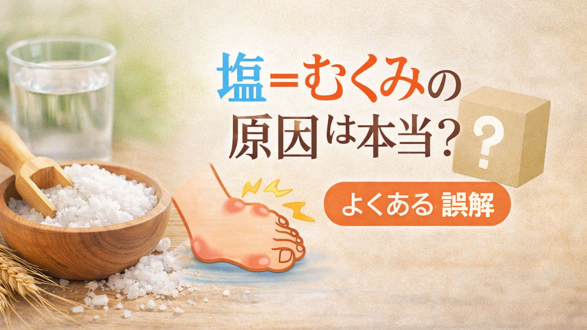 木の器に入った塩とコップの水、むくんだ足のイラストに「塩=むくみの原因は本当?」の文字を入れた画像|塩とむくみの誤解を解説するイメージ