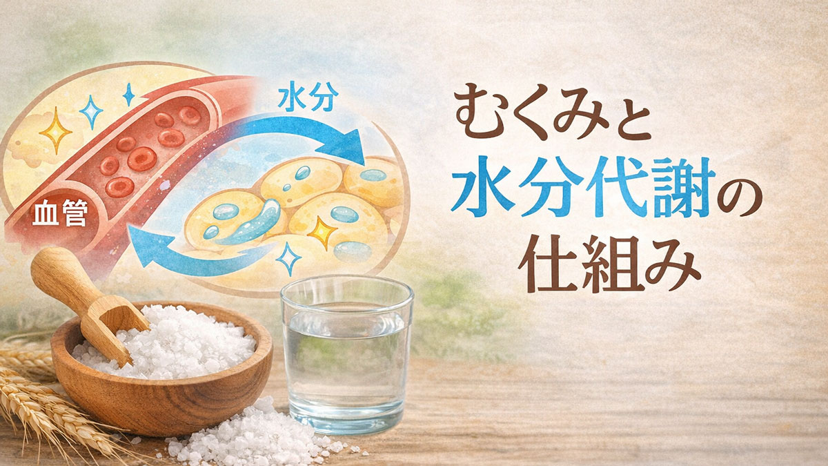 体内の水分が血管と細胞の間を循環するイラストと塩・水の写真に「むくみと水分代謝の仕組み」の文字を入れた画像|塩と水分バランスをやさしく解説するイメージ