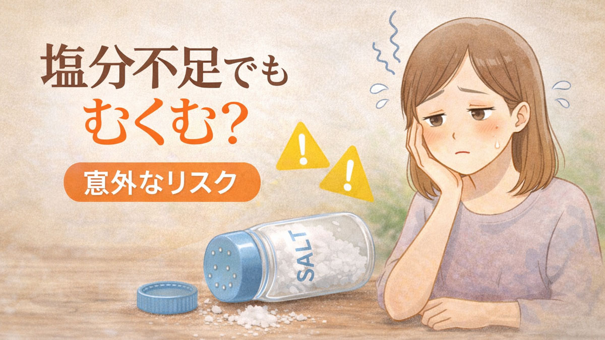 塩が少ない空の塩入れと、だるそうに頬に手を当てる女性のイラストに「塩分不足でもむくむ?」の文字を入れた画像|塩分不足による意外なむくみリスクを伝えるイメージ