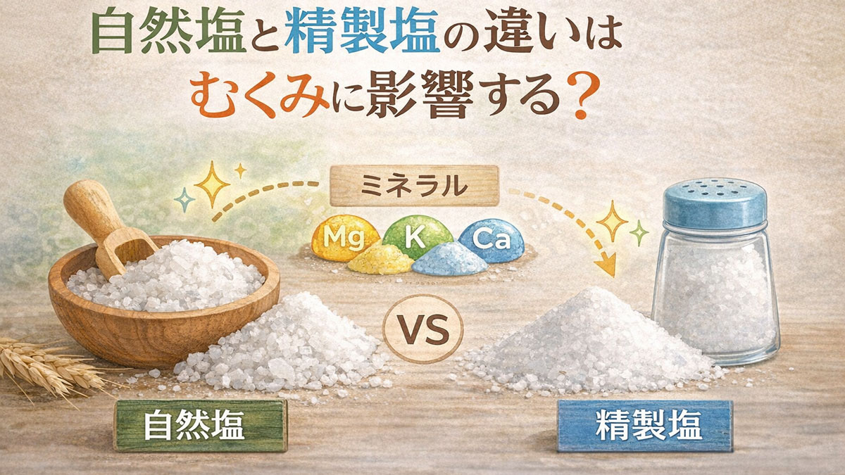 自然塩と精製塩を並べて比較し、ミネラルの違いを示したイラストに「自然塩と精製塩の違いはむくみに影響する?」の文字を入れた画像|塩の種類とむくみの関係を解説するイメージ