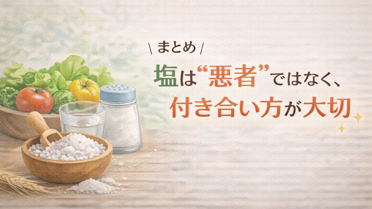 塩と水、野菜を並べたナチュラルな食卓の写真に「塩は“悪者”ではなく、付き合い方が大切」の文字を入れた画像|正しい塩との付き合い方を伝えるまとめのイメージ